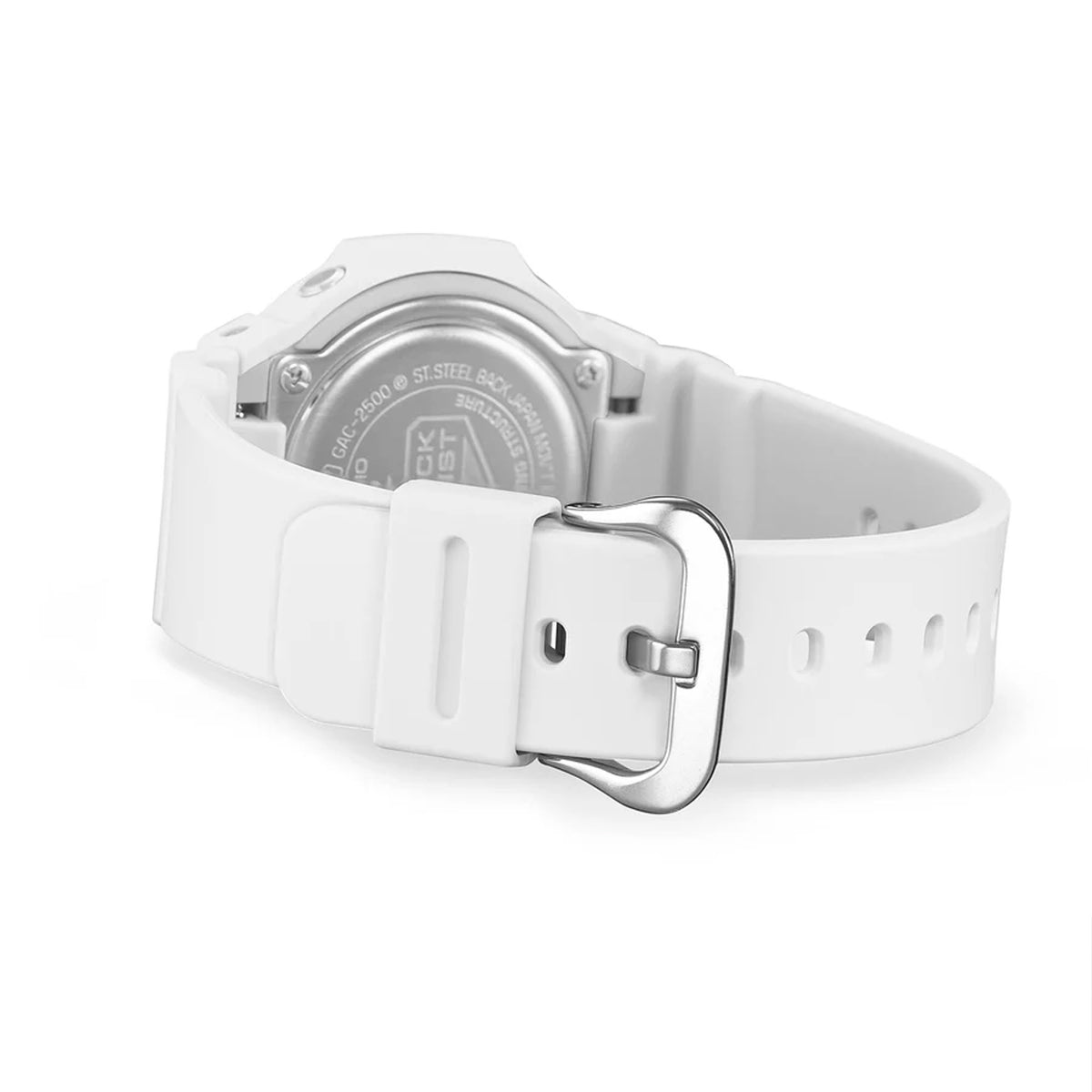 Back of the white resin strap on the Casio G-SHOCK 2500 Series Quartz Men’s Watch GAC2500-7A, 46.7mm case. The bio-based resin strap and case back are shown.