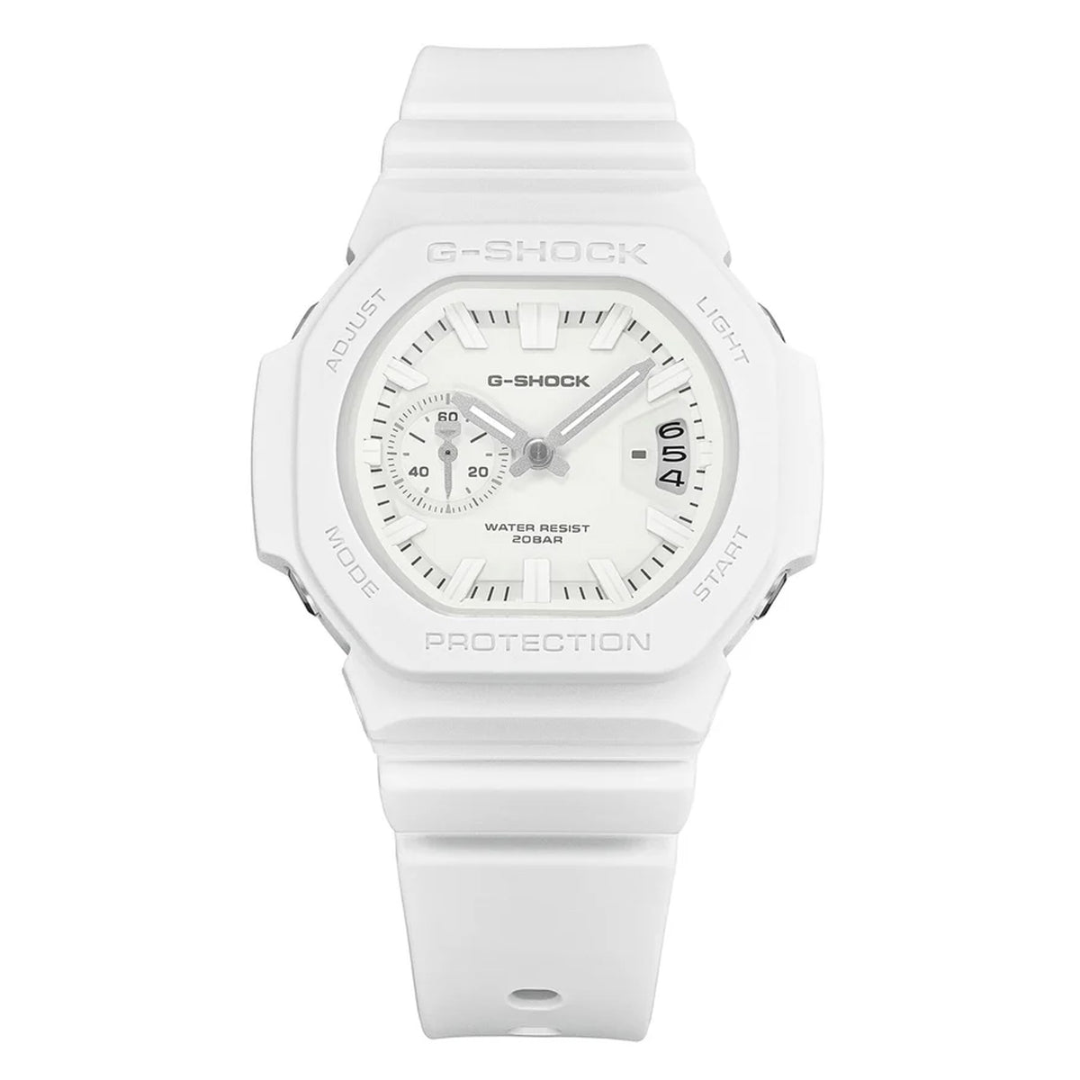 Three-quarter angle view of the Casio G-SHOCK 2500 Series Quartz Men’s Watch GAC2500-7A, 46.7mm case, highlighting the white resin bezel and rounded octagonal case. The white dial and raised bar indexes are visible.
