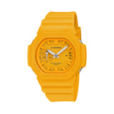 Front-on view of the Casio G-SHOCK 2500 Series Quartz Men’s Watch GAC2500-9A, 46.7mm case, in yellow resin with a yellow dial. The analogue dial and three-cell date window are clearly visible.