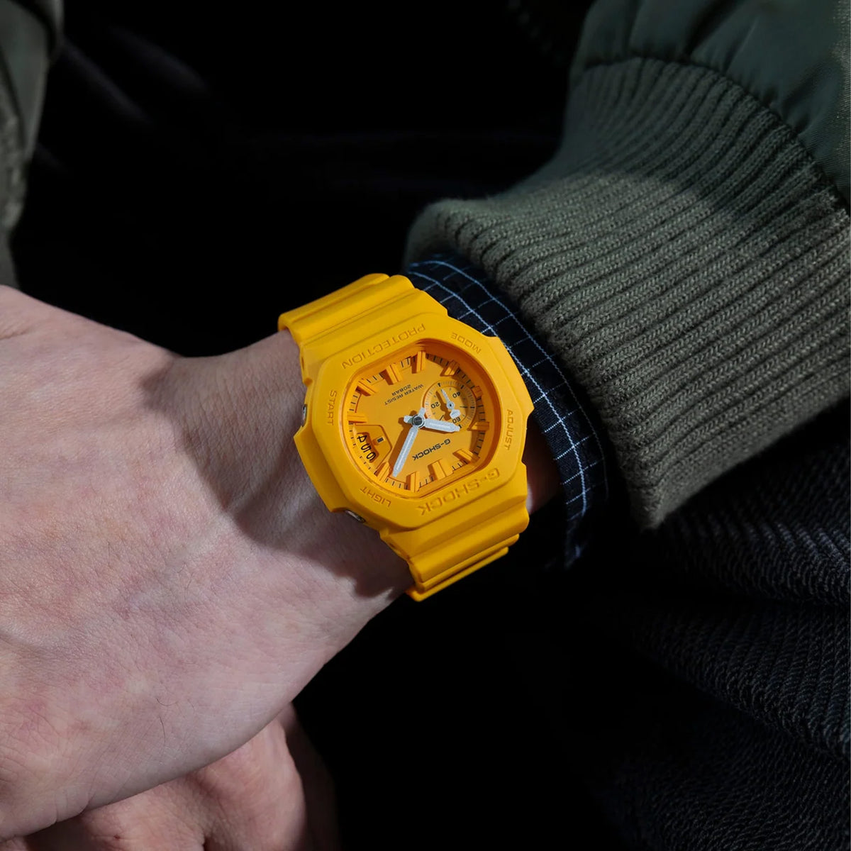 The Casio G-SHOCK 2500 Series Quartz Men’s Watch GAC2500-9A, 46.7mm case, worn on the wrist. The lightweight yellow design shows the scale and fit.