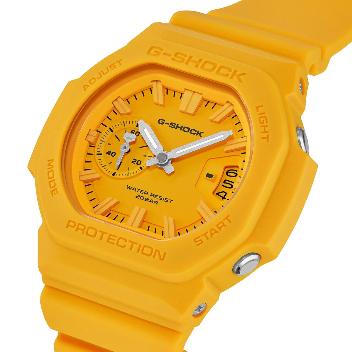 Three-quarter angle view of the Casio G-SHOCK 2500 Series Quartz Men’s Watch GAC2500-9A, 46.7mm case, highlighting the yellow resin bezel and rounded octagonal case. The yellow dial and raised bar indexes are visible.