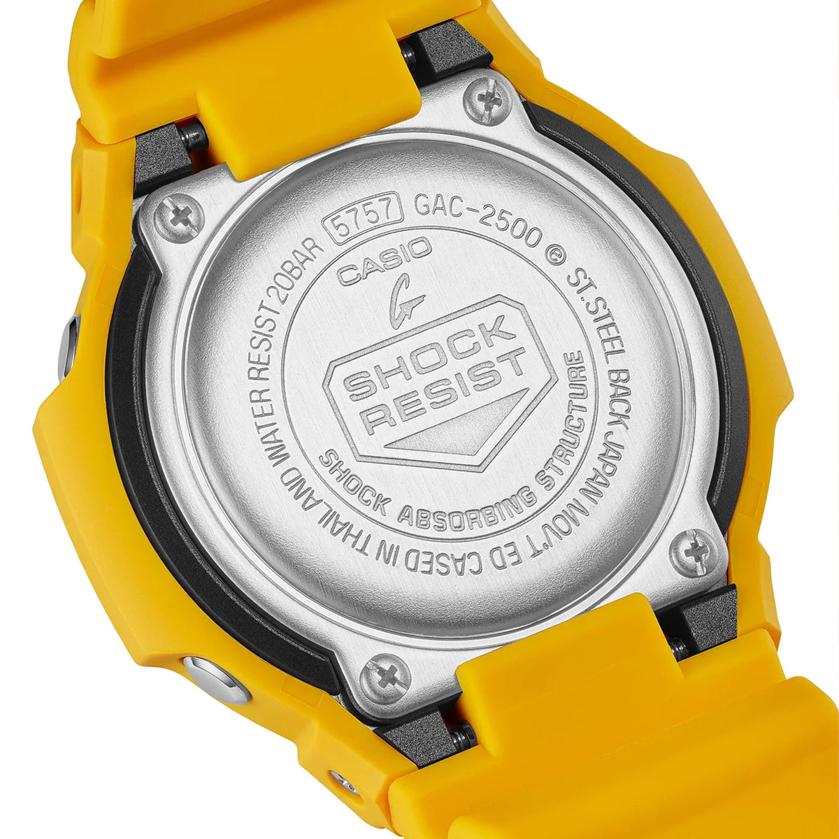 Back of the yellow resin strap on the Casio G-SHOCK 2500 Series Quartz Men’s Watch GAC2500-9A, 46.7mm case. The bio-based resin strap and case back are shown.