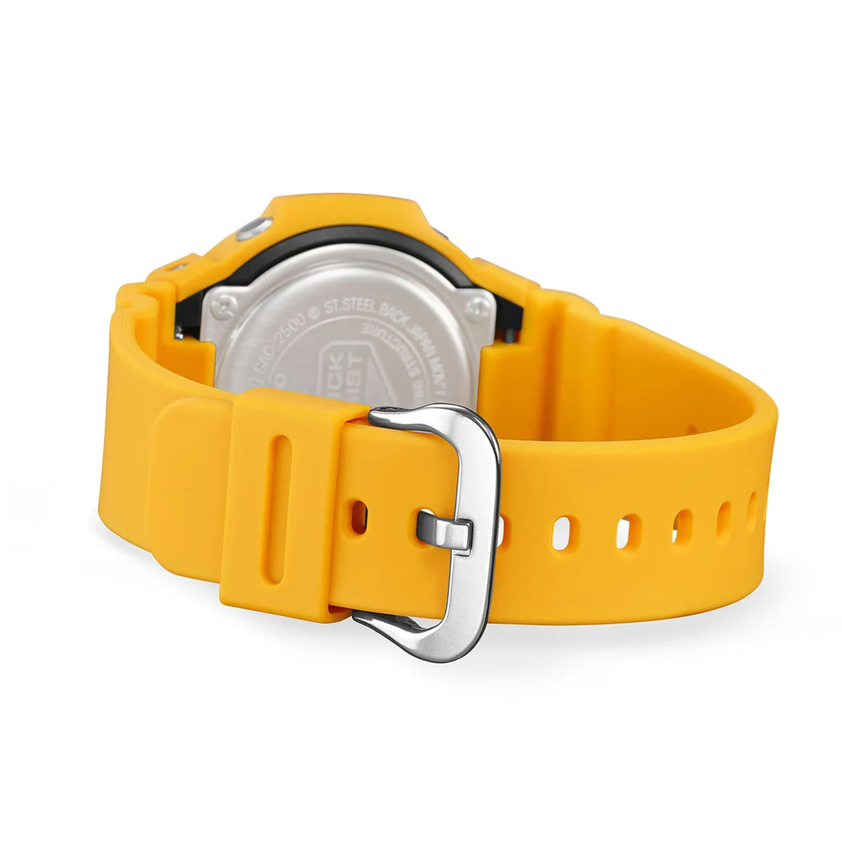 Back of the yellow resin strap on the Casio G-SHOCK 2500 Series Quartz Men’s Watch GAC2500-9A, 46.7mm case. The bio-based resin strap and case back are shown.