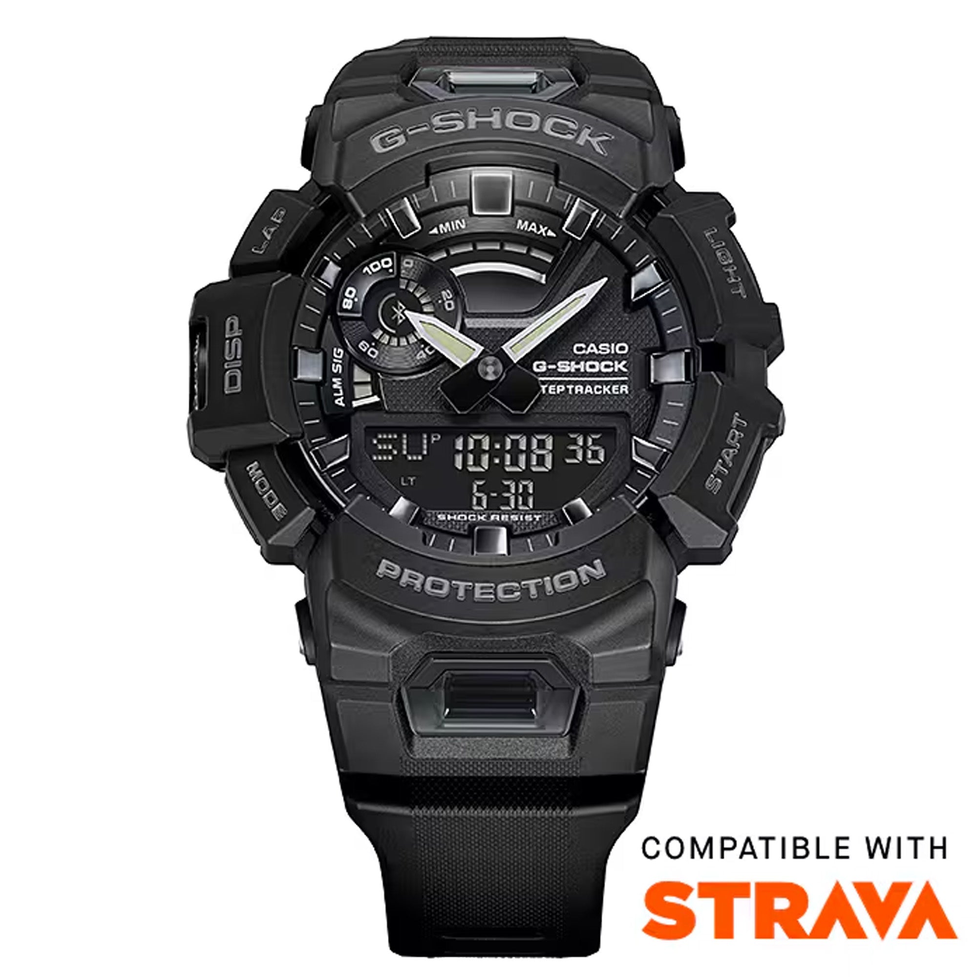 Casio G-SHOCK GBA900-1A analogue digital sport watch with black resin band, fitness tracking features, and shock-resistant design with Strava logo