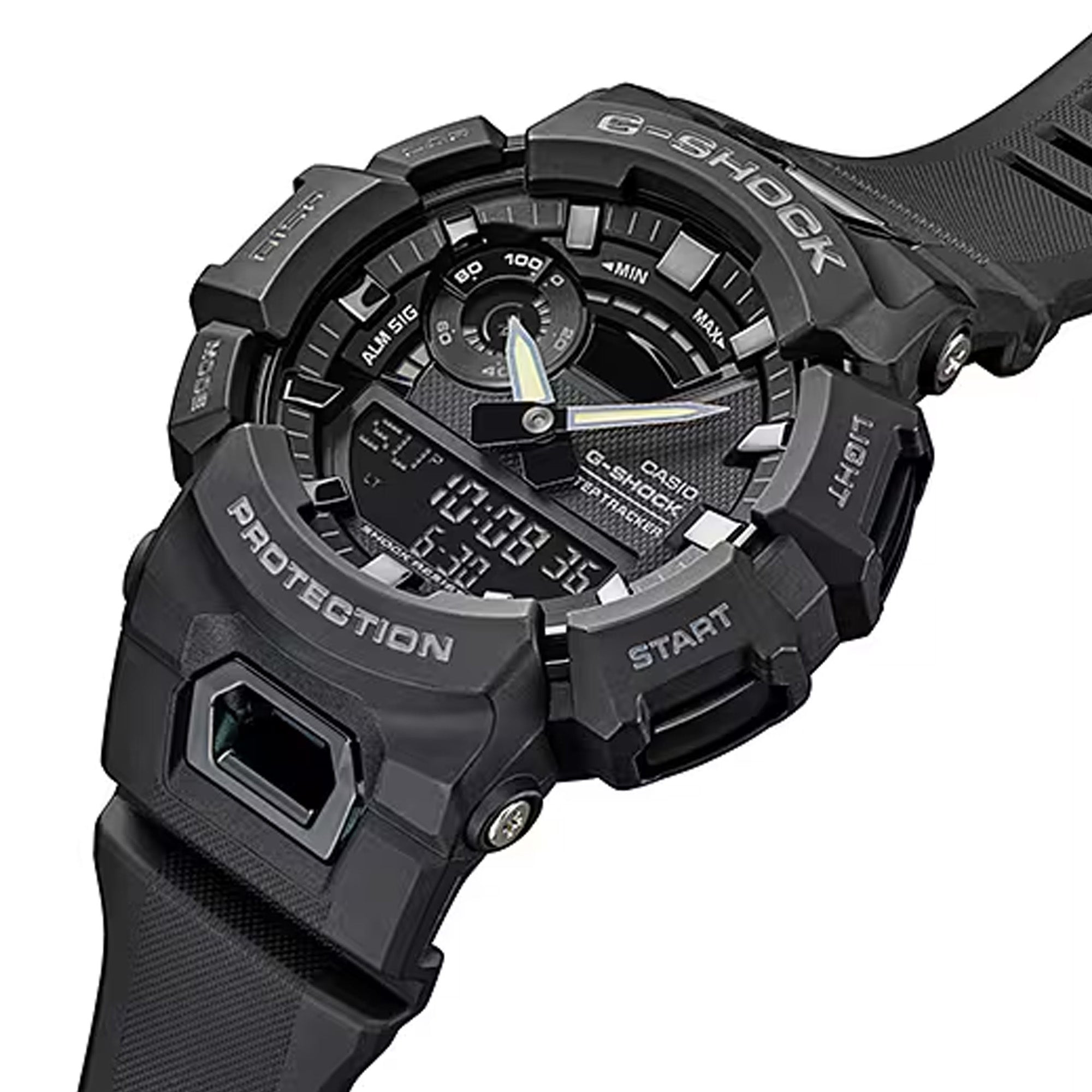 Casio G-SHOCK GBA900-1A analogue digital sport watch with black resin band, fitness tracking features, and shock-resistant design.