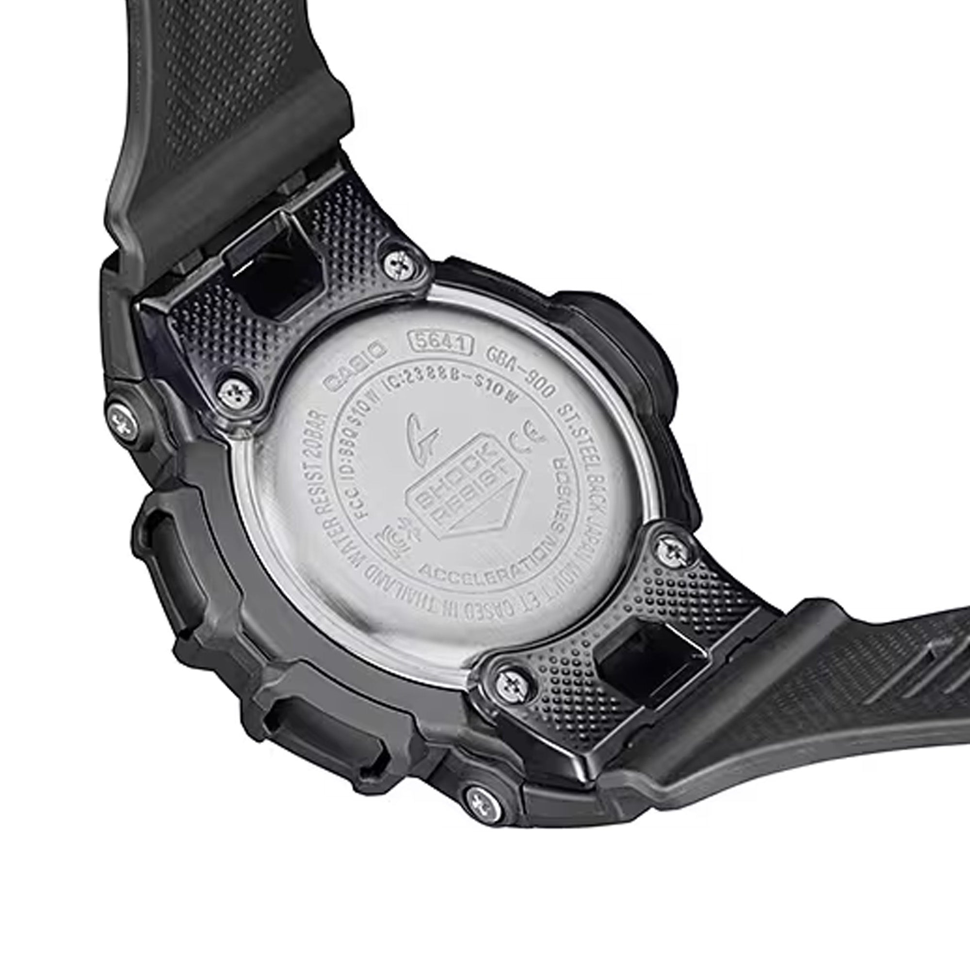 Back of case - Casio G-SHOCK GBA900-1A analogue digital sport watch with black resin band, fitness tracking features, and shock-resistant design.