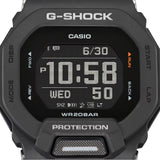 Casio G-Shock G-Squad GBD200-1 watch front view, featuring an all-black square resin case with high-definition MIP LCD digital display, G-Shock branding, front illumination button, and a bold sport-focused dial layout.