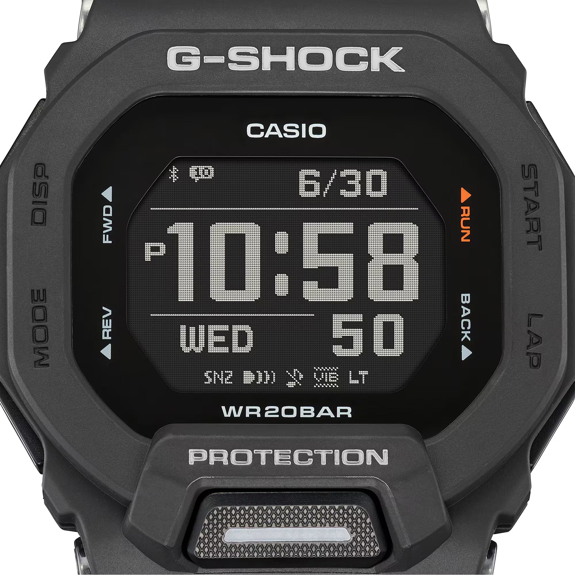 Casio G-Shock G-Squad GBD200-1 watch front view, featuring an all-black square resin case with high-definition MIP LCD digital display, G-Shock branding, front illumination button, and a bold sport-focused dial layout.