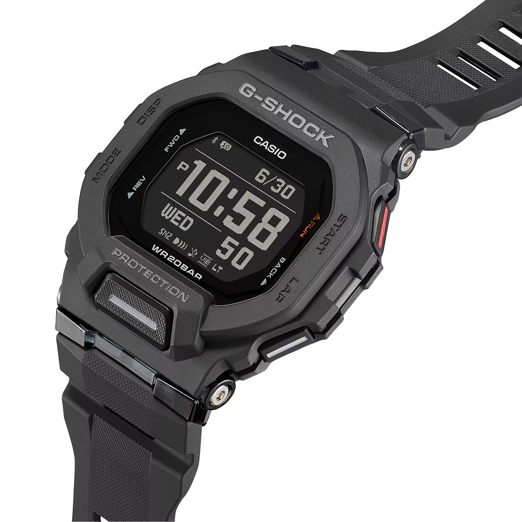 Casio G-Shock G-Squad GBD200-1 watch front view, featuring an all-black square resin case with high-definition MIP LCD digital display, G-Shock branding, front illumination button, and a bold sport-focused dial layout.