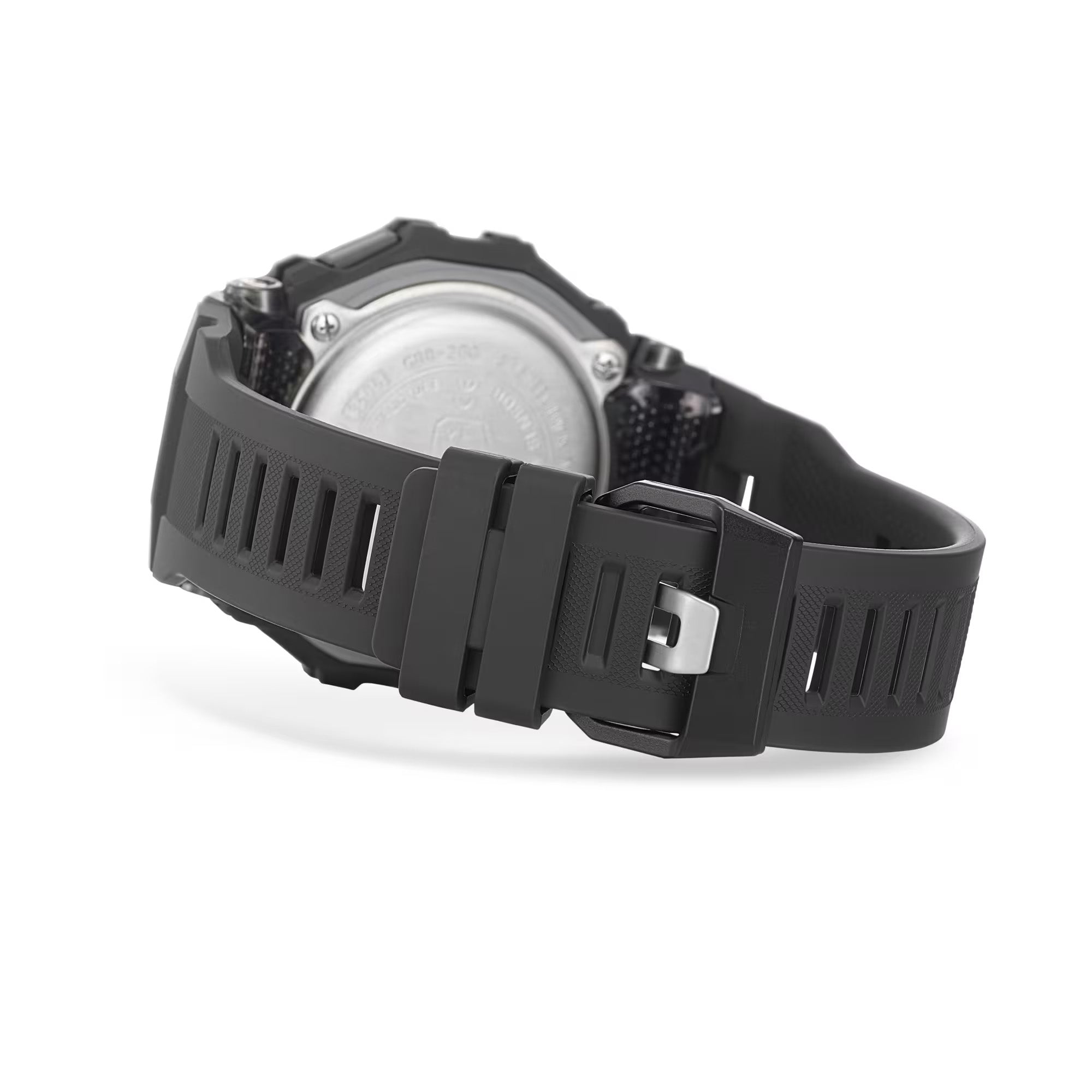 Casio G-Shock G-Squad GBD200-1 close-up of the soft urethane resin band in all-black, featuring a wave-shaped inner surface for reduced skin contact, ventilated lugs, multiple adjustment holes, and a standard buckle clasp.