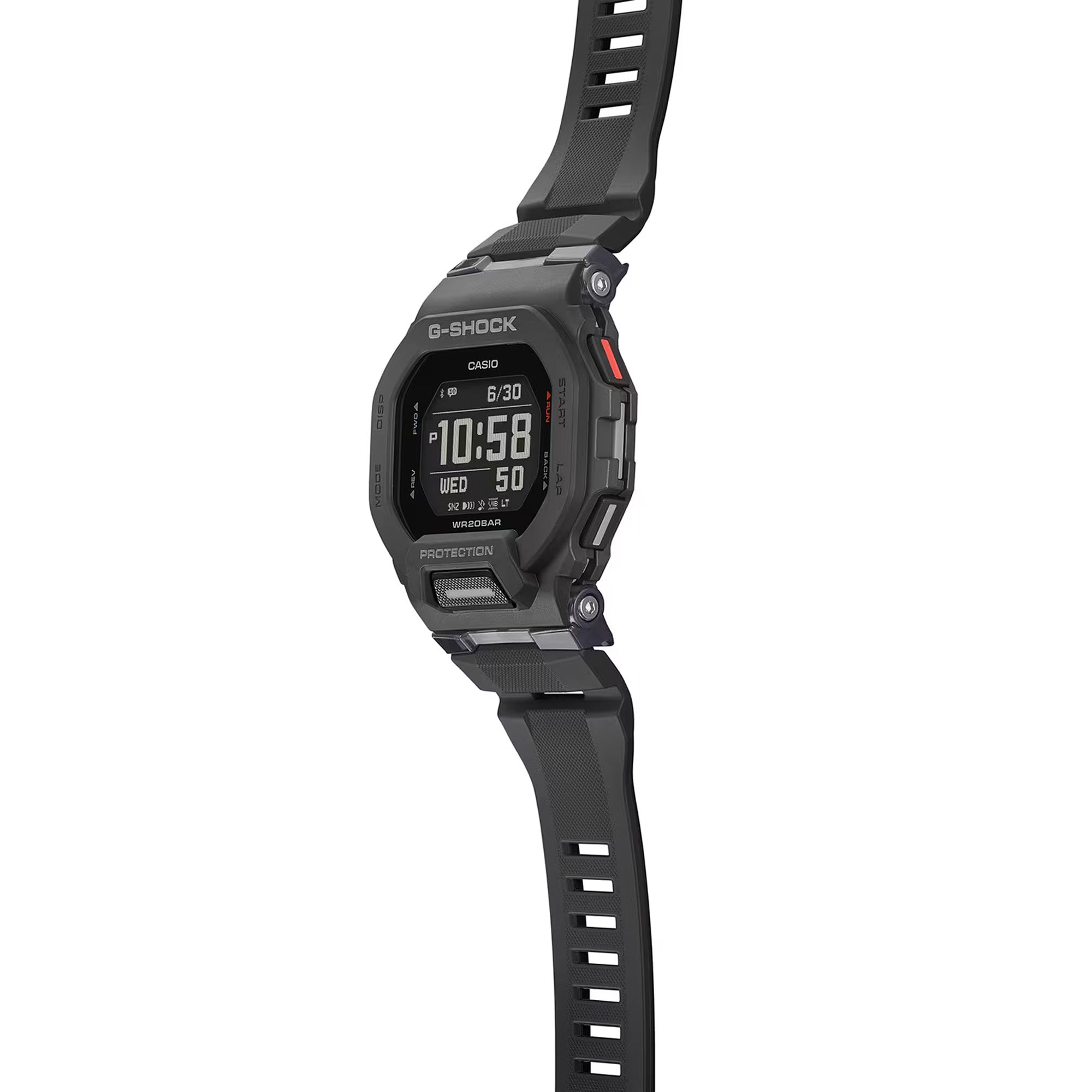 Casio G-Shock G-Squad GBD200-1 watch front view, featuring an all-black square resin case with high-definition MIP LCD digital display, G-Shock branding, front illumination button, and a bold sport-focused dial layout.