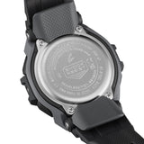 Casio G-Shock GBD300-1 watch rear view showing the distinctive bowl-shaped back bumper bezel that wraps around the glass fibre-reinforced resin case back, with G-Squad branding confirming shock-resistant and 200-metre water-resistant construction.