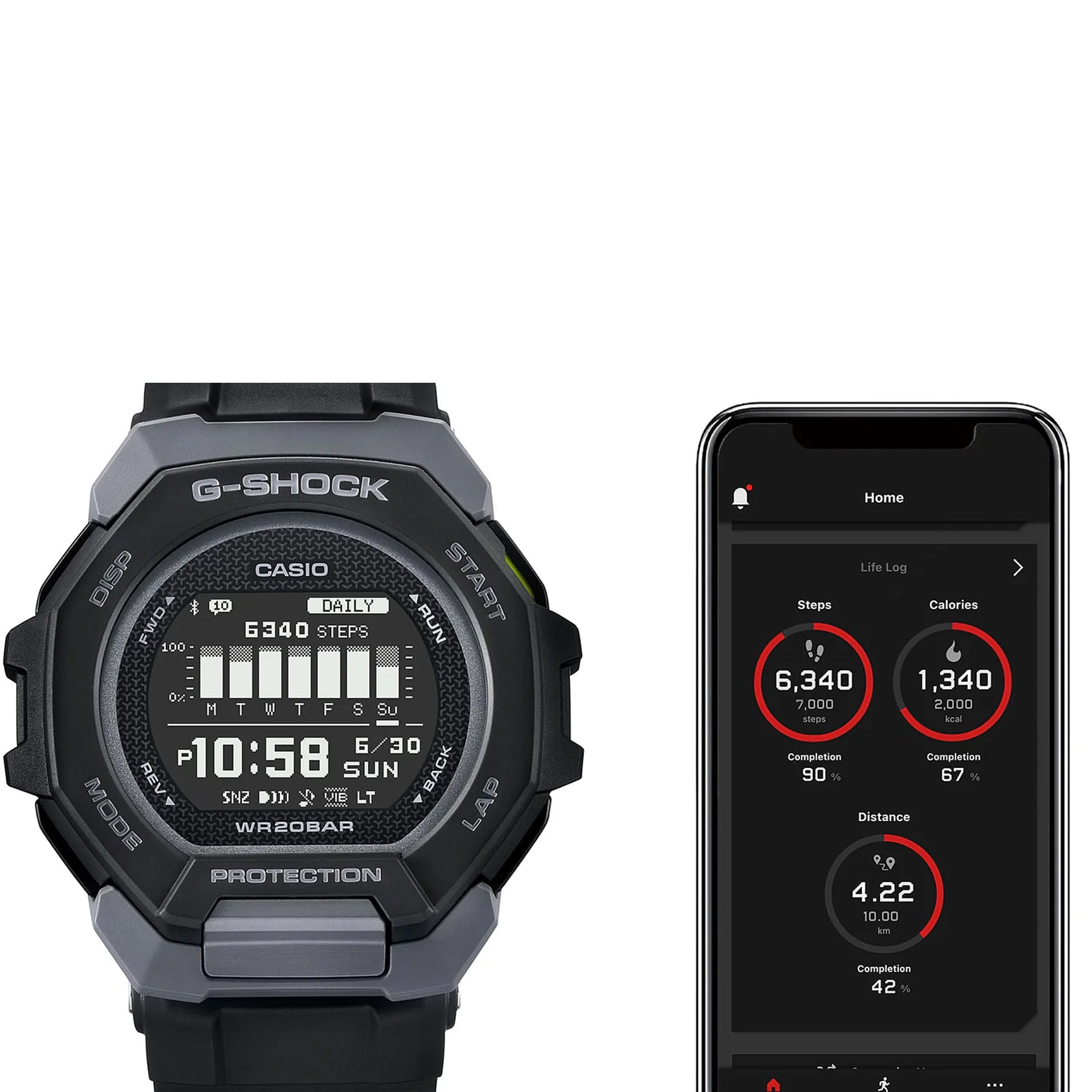 Casio G-Shock G-Squad GBD300-1 watch with phone to show Bluetooth and app features.