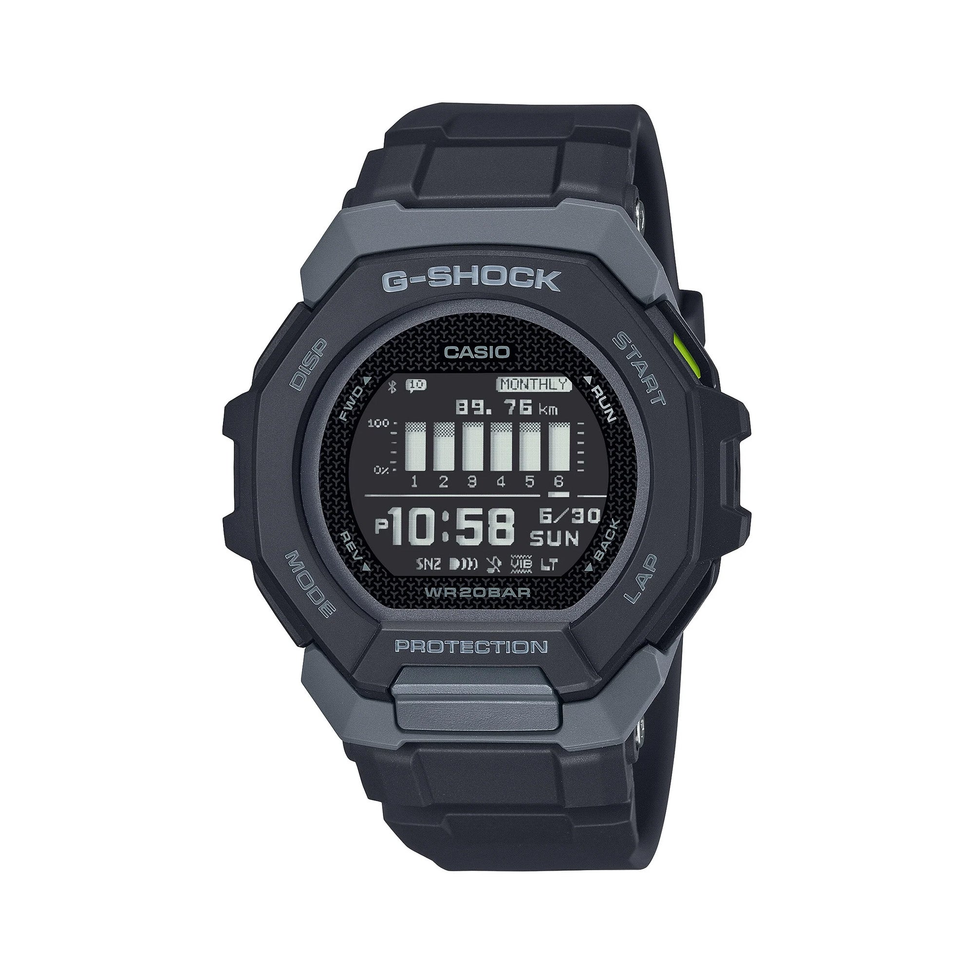 Casio G-Shock G-Squad GBD300-1 watch front view, showcasing the all-black octagonal front bezel inspired by the GA-2100 CasiOak, high-resolution MIP LCD digital display, G-Squad branding, and the slimmest G-Squad profile at just 14.9mm thick.