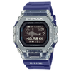 Casio G-SHOCK G-LIDE GBX100S-2D digital watch front view, featuring a square-case design with a dual-material bezel of stainless steel and translucent purple resin, high-definition MIP LCD display, and silver-tone accents.