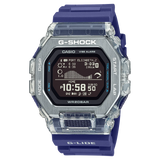 Casio G-SHOCK G-LIDE GBX100S-2D digital watch front view, featuring a square-case design with a dual-material bezel of stainless steel and translucent purple resin, high-definition MIP LCD display, and silver-tone accents.