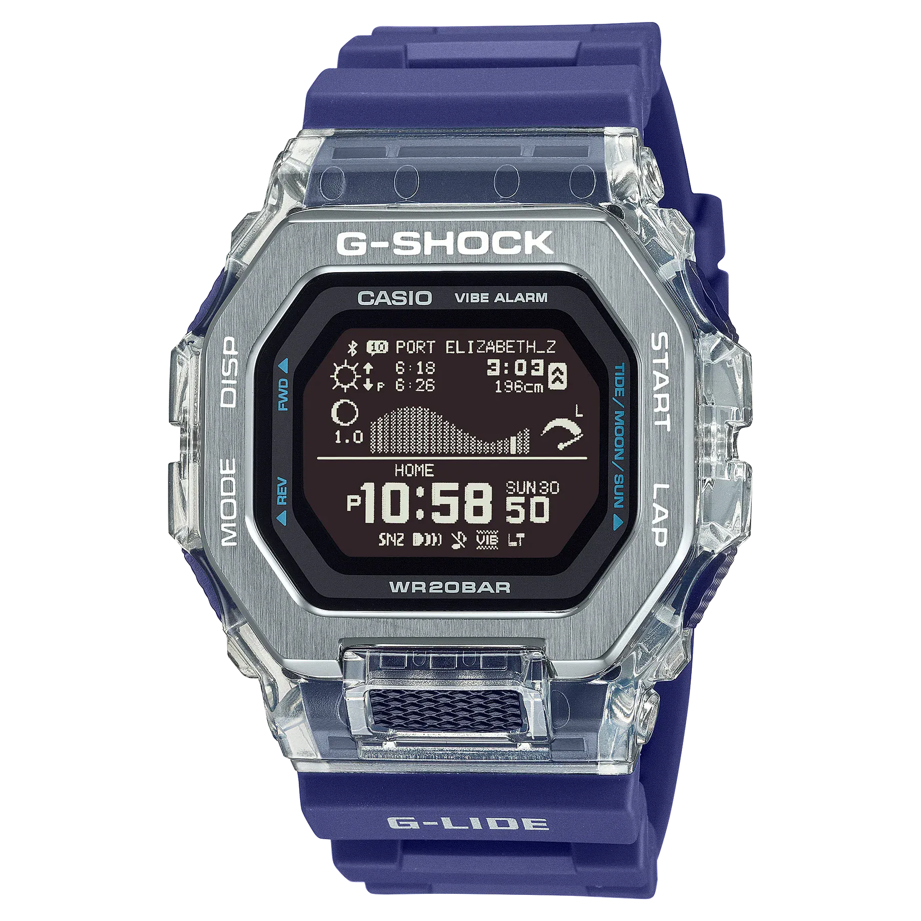 Casio G-SHOCK G-LIDE GBX100S-2D digital watch front view, featuring a square-case design with a dual-material bezel of stainless steel and translucent purple resin, high-definition MIP LCD display, and silver-tone accents.