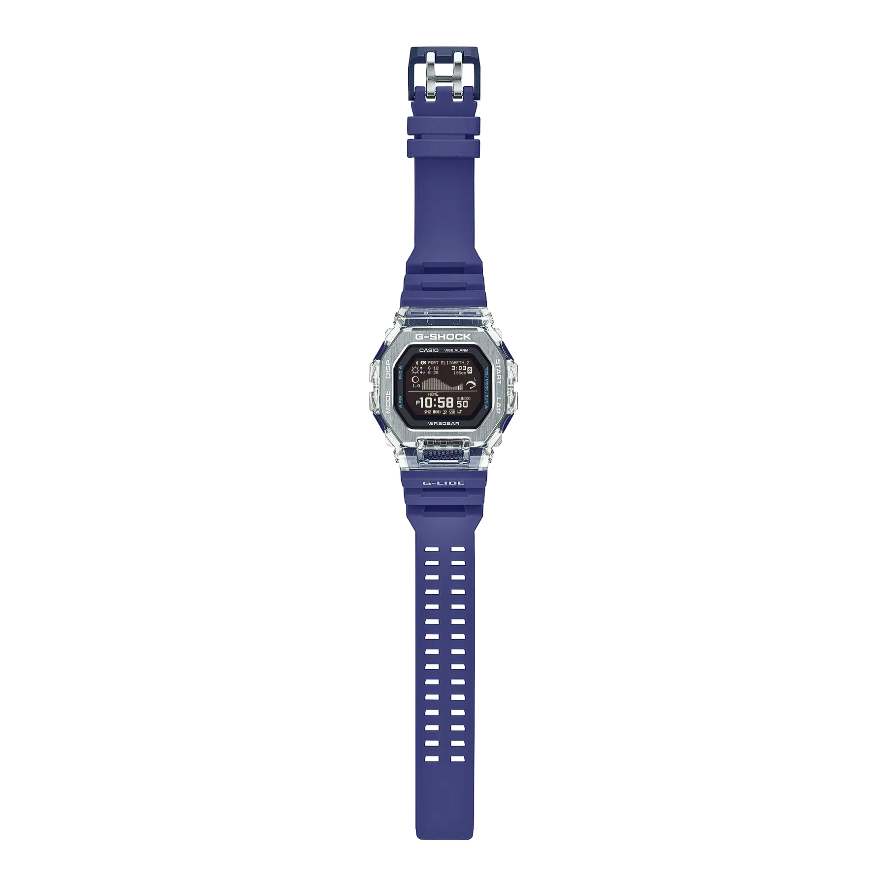 Casio G-SHOCK G-LIDE GBX100S-2D digital watch front view, featuring a square-case design with a dual-material bezel of stainless steel and translucent purple resin, high-definition MIP LCD display, and silver-tone accents.
