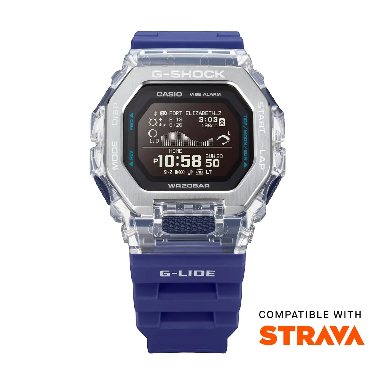 Casio G-SHOCK G-LIDE GBX100S-2D digital watch front view, featuring a square-case design with a dual-material bezel of stainless steel and translucent purple resin, high-definition MIP LCD display, and silver-tone accents.