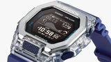 Casio G-SHOCK G-LIDE GBX100S-2D digital watch front view, featuring a square-case design with a dual-material bezel of stainless steel and translucent purple resin, high-definition MIP LCD display, and silver-tone accents.