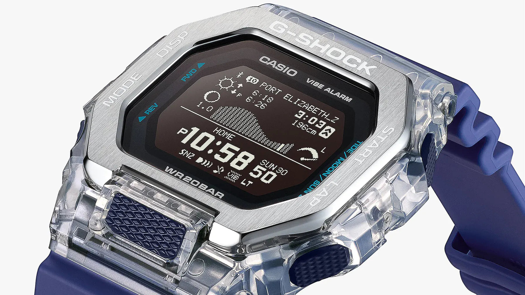 Casio G-SHOCK G-LIDE GBX100S-2D digital watch front view, featuring a square-case design with a dual-material bezel of stainless steel and translucent purple resin, high-definition MIP LCD display, and silver-tone accents.