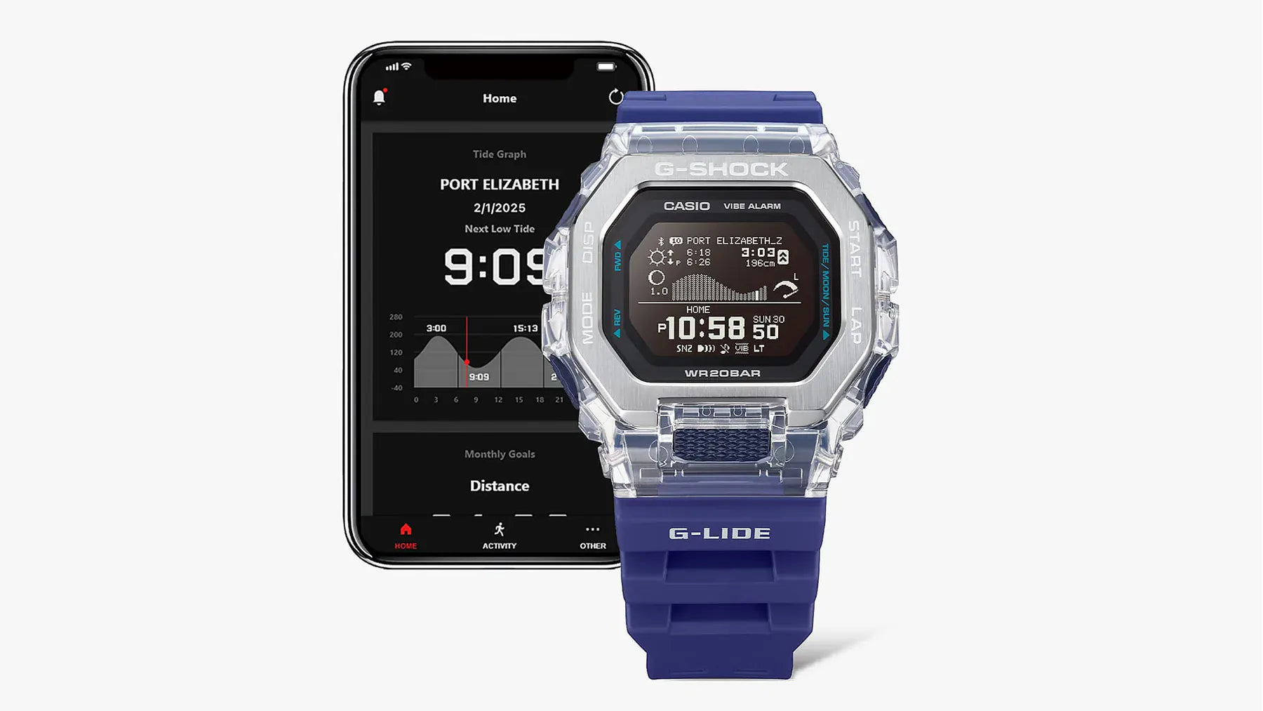 Casio G-SHOCK G-LIDE GBX100S-2D digital watch front view, featuring a square-case design with a dual-material bezel of stainless steel and translucent purple resin, high-definition MIP LCD display, and silver-tone accents.