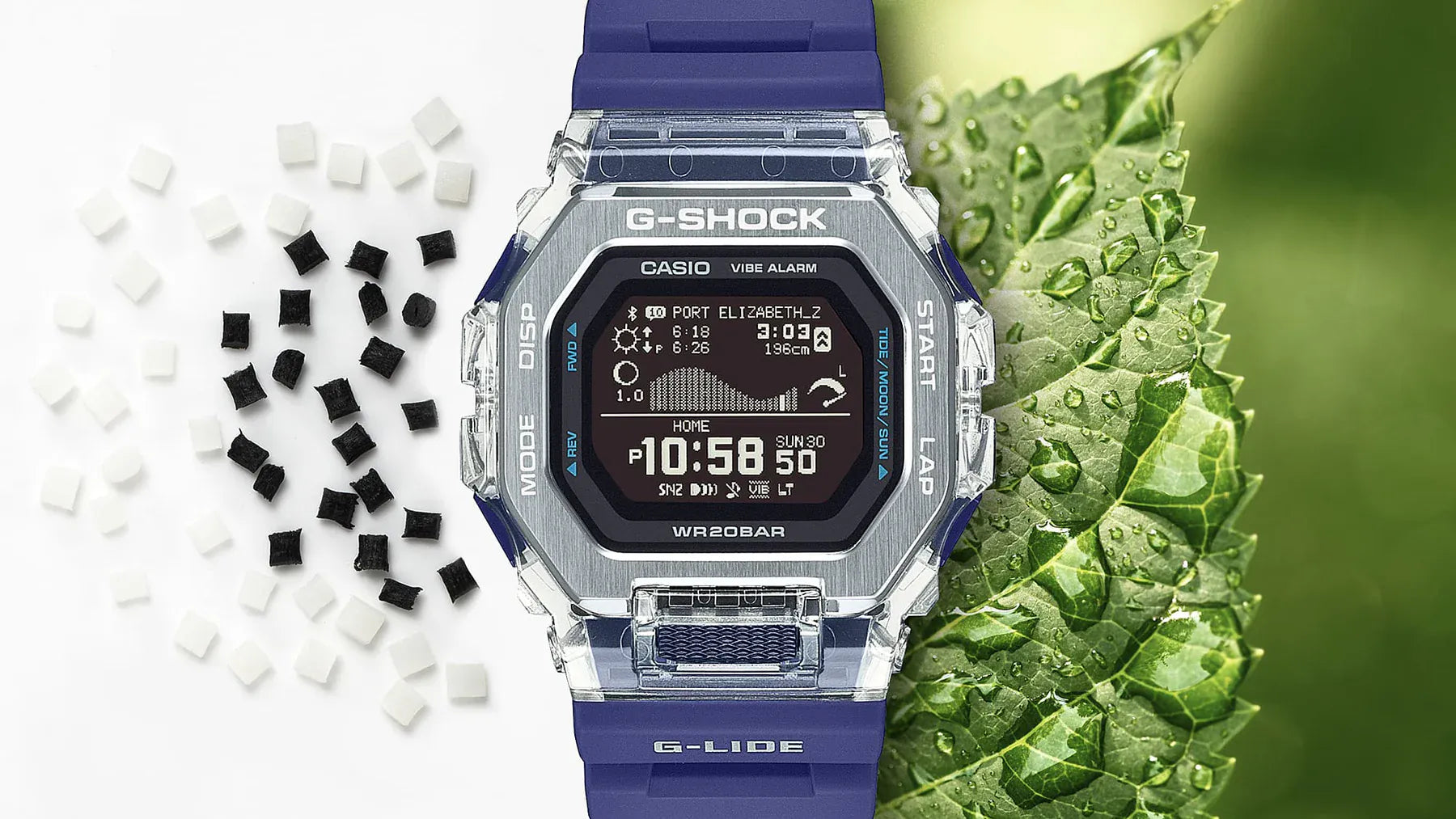 Casio G-SHOCK G-LIDE GBX100S-2D digital watch front view, featuring a square-case design with a dual-material bezel of stainless steel and translucent purple resin, high-definition MIP LCD display, and silver-tone accents.