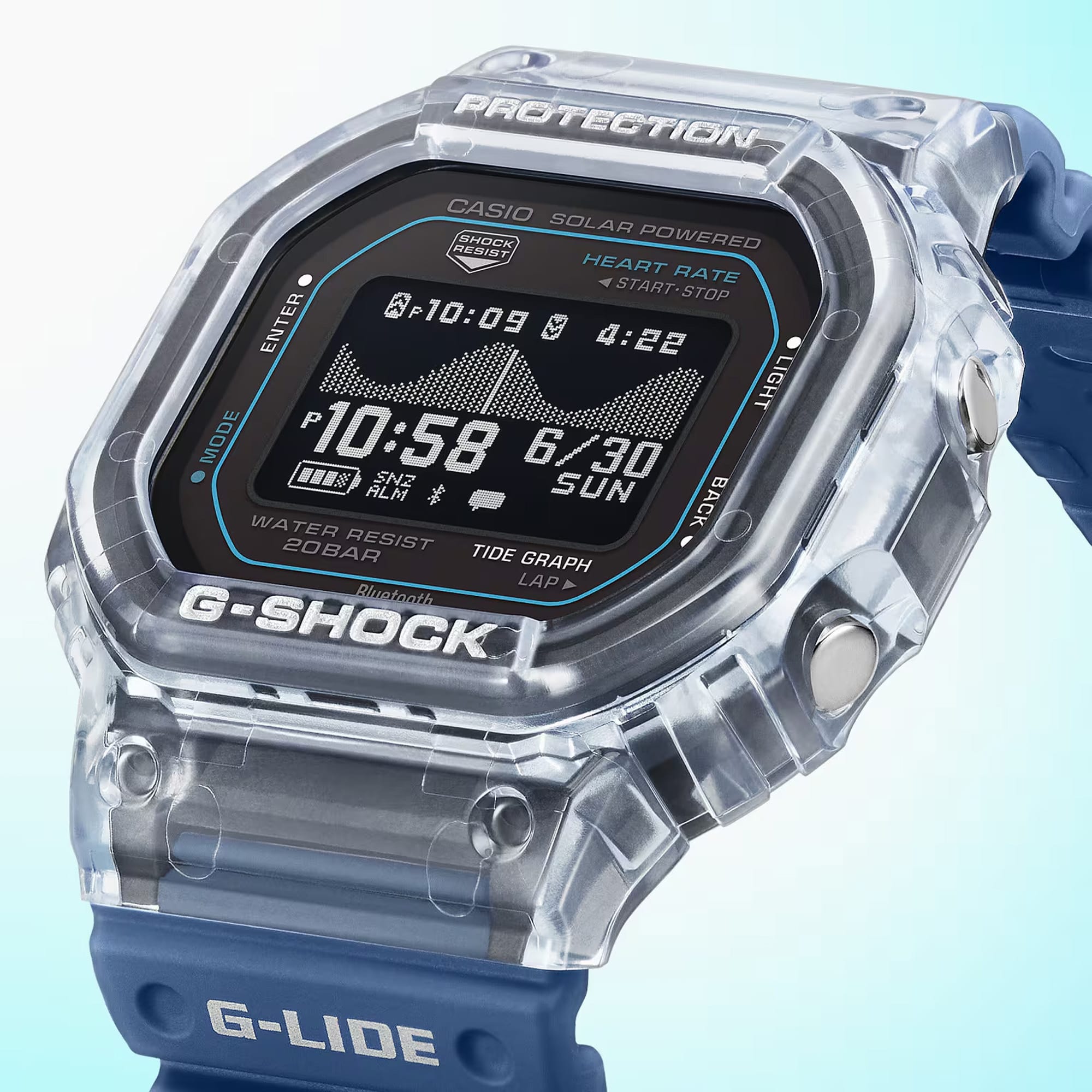 Casio G-LIDE GBXH5600-2D Blue Digital Watch photographed at an angle to highlight the case profile. Translucent bezel detailing and blue resin band are shown against a clean background.