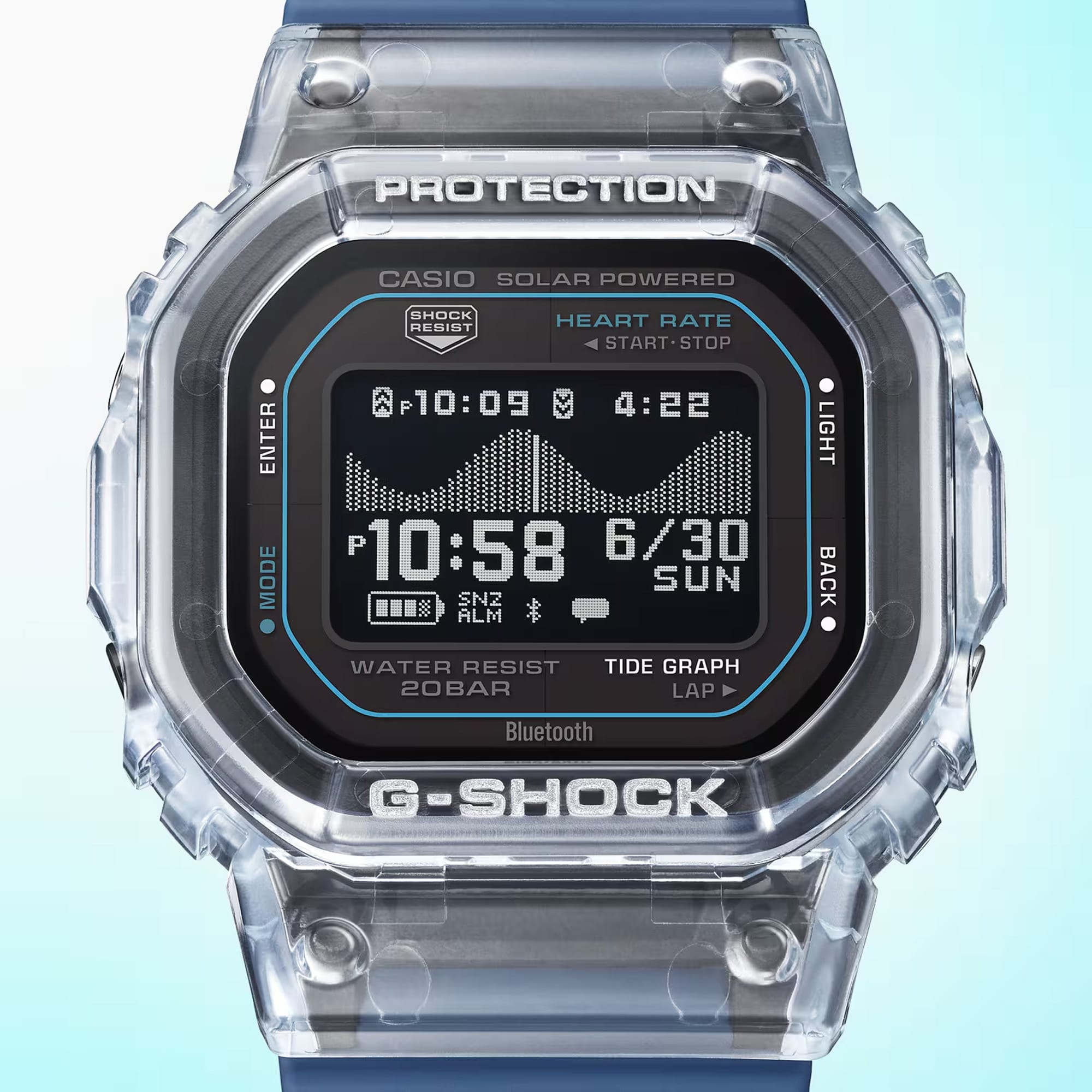 Close-up view of the Casio G-LIDE GBXH5600-2D Blue Digital Watch face showing the digital display with time and date. Tide graph and function indicators are visible on the high-contrast digital dial.