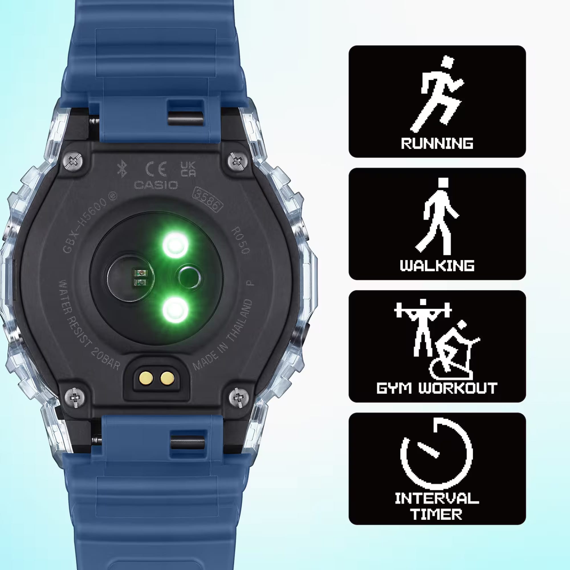 Casio Watches app screen displaying heart rate monitoring and training function icons for the Casio G-LIDE GBXH5600-2D. Activity tracking features include running, walking, gym training, and interval workouts.