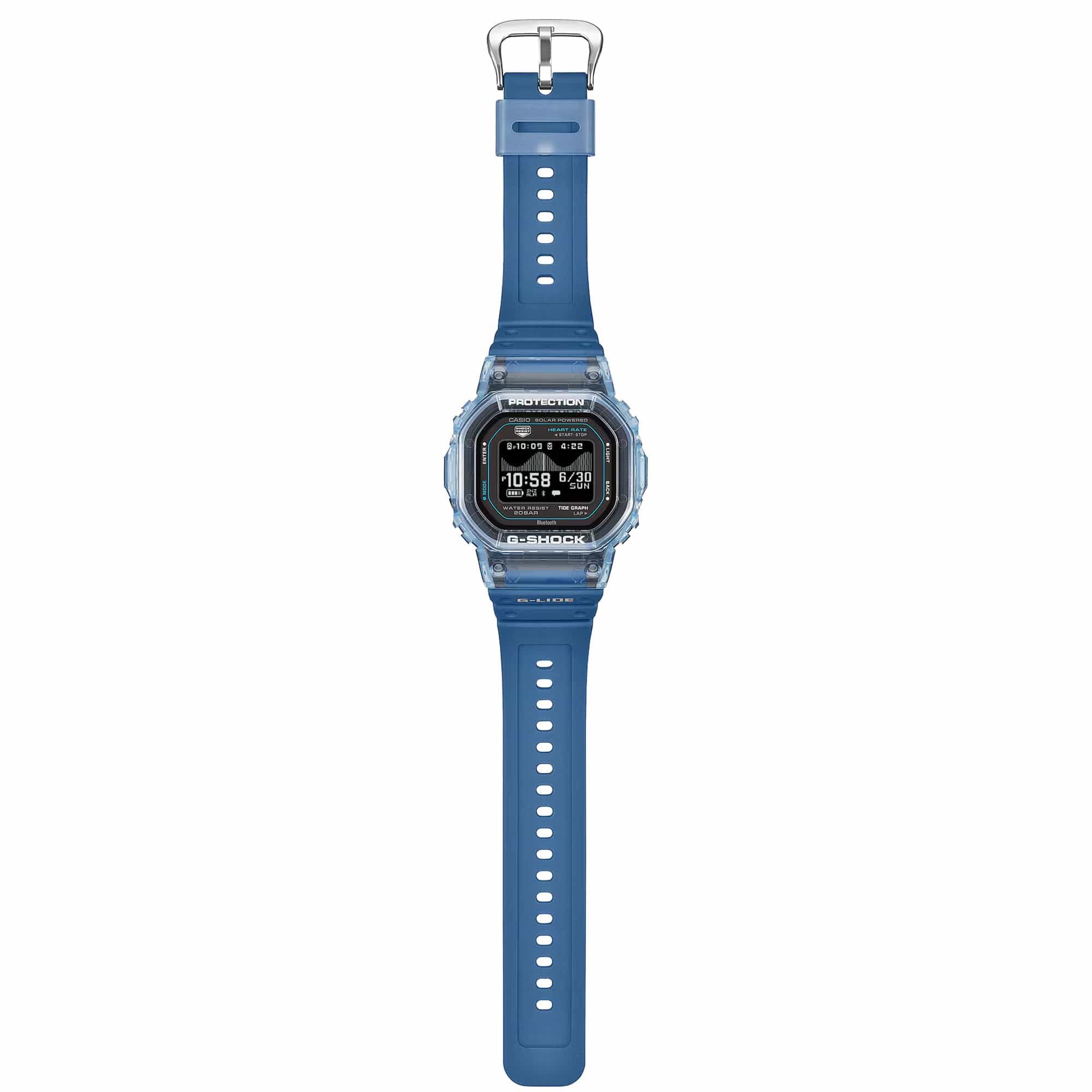 Close-up view of the Casio G-LIDE GBXH5600-2D Blue Digital Watch strap showing the blue resin band texture and clasp. Band design highlights durability suited to active and water-based use.