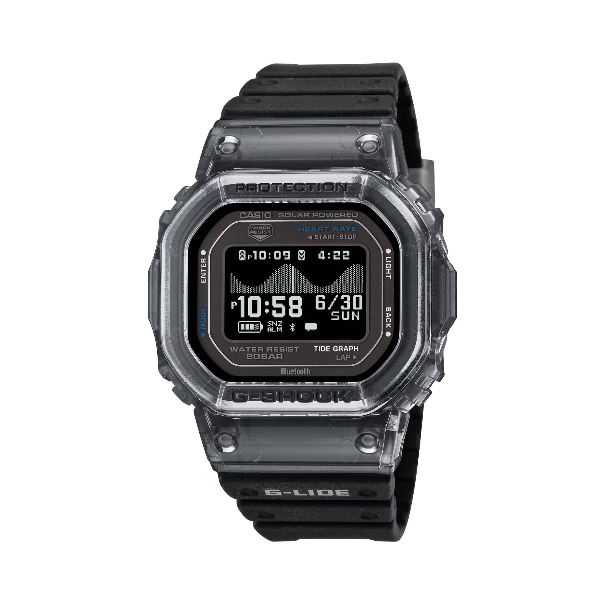Casio G-LIDE GBXH5600-1D Black Digital Watch photographed front-on in a clean studio-style setting. Square black resin case and digital display shown clearly against a neutral background.