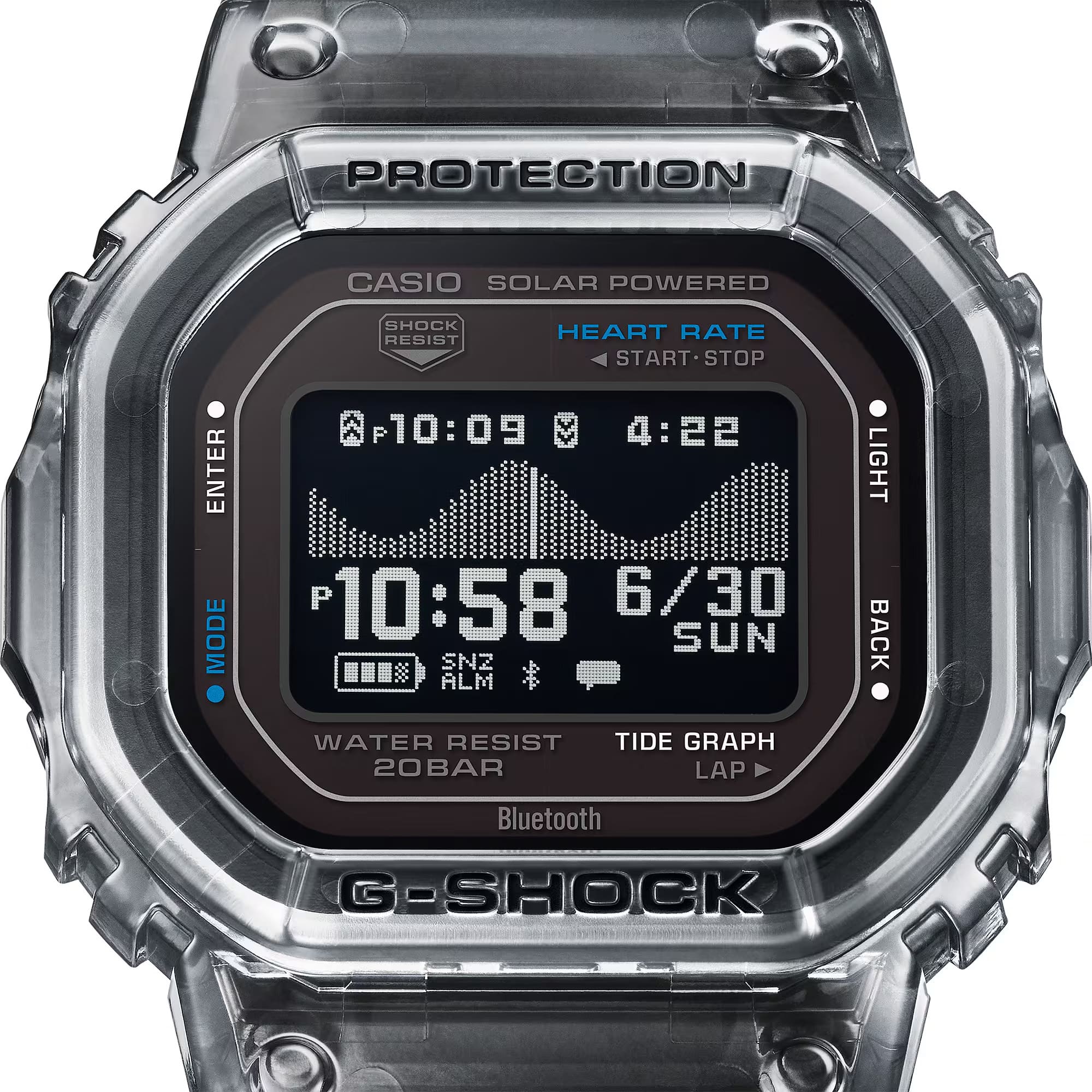Close-up view of the Casio G-LIDE GBXH5600-1D Black Digital Watch face showing the digital display and bezel detail. Time reading and function indicators visible on the digital dial with square case edging in focus.