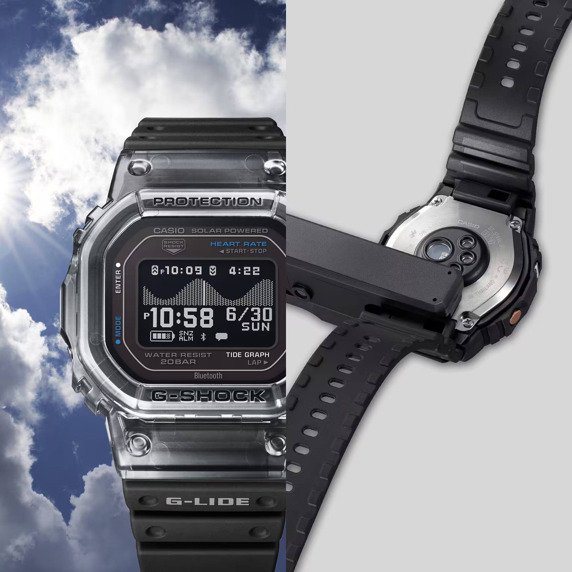 Casio G-LIDE GBXH5600-1D Black Digital Watch photographed at an angle in an outdoor setting with a dynamic background. Square case profile and black resin band detail shown against a sky and water backdrop.