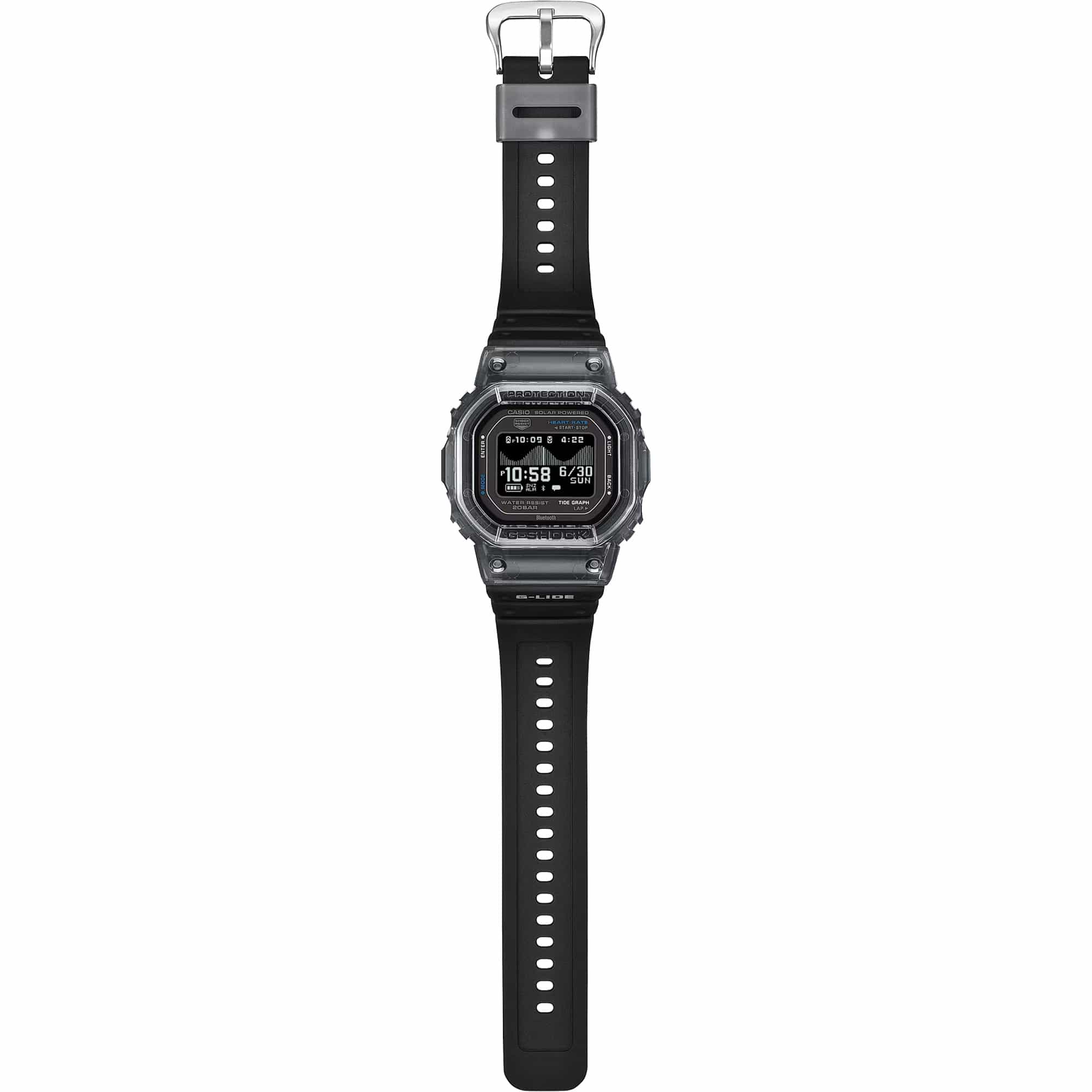 Casio G-LIDE GBXH5600-1D Black Digital Watch shown in a full-length vertical view displaying the complete strap and case. Square black resin case with digital dial and integrated band visible from top to bottom.