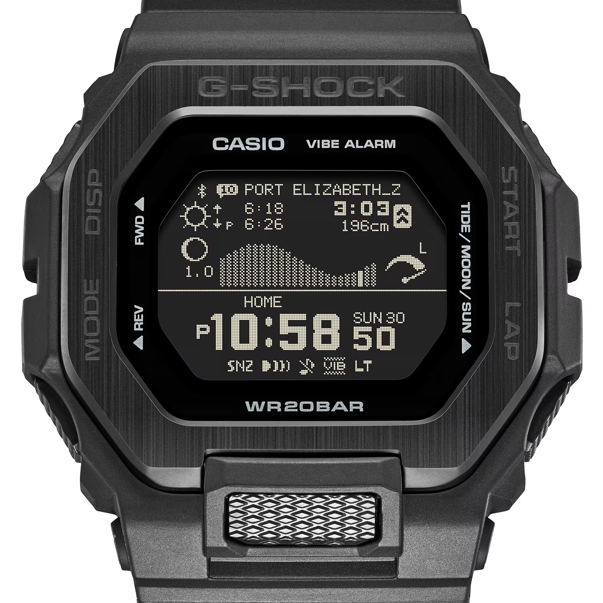 Casio G-LIDE GBX100NS-1D digital surf watch with black resin band, MIP LCD display, Bluetooth connectivity, and tide graph functions.