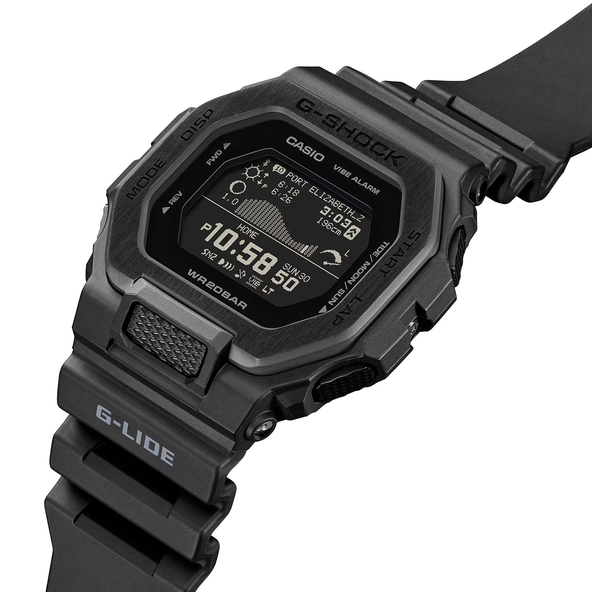Casio G-LIDE GBX100NS-1D digital surf watch with black resin band, MIP LCD display, Bluetooth connectivity, and tide graph functions.