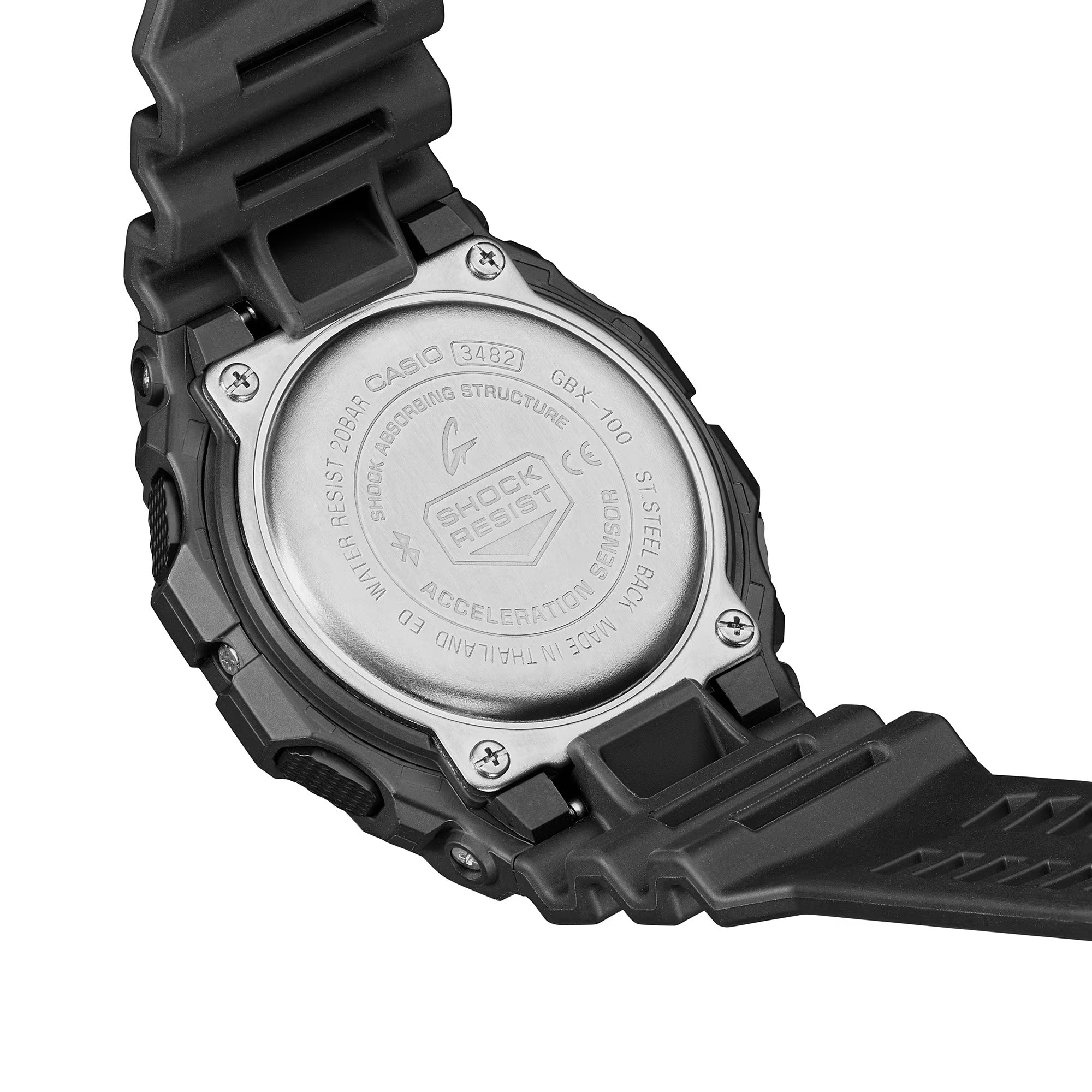 Casio G-LIDE GBX100NS-1D digital surf watch with black resin band, MIP LCD display, Bluetooth connectivity, and tide graph functions.
