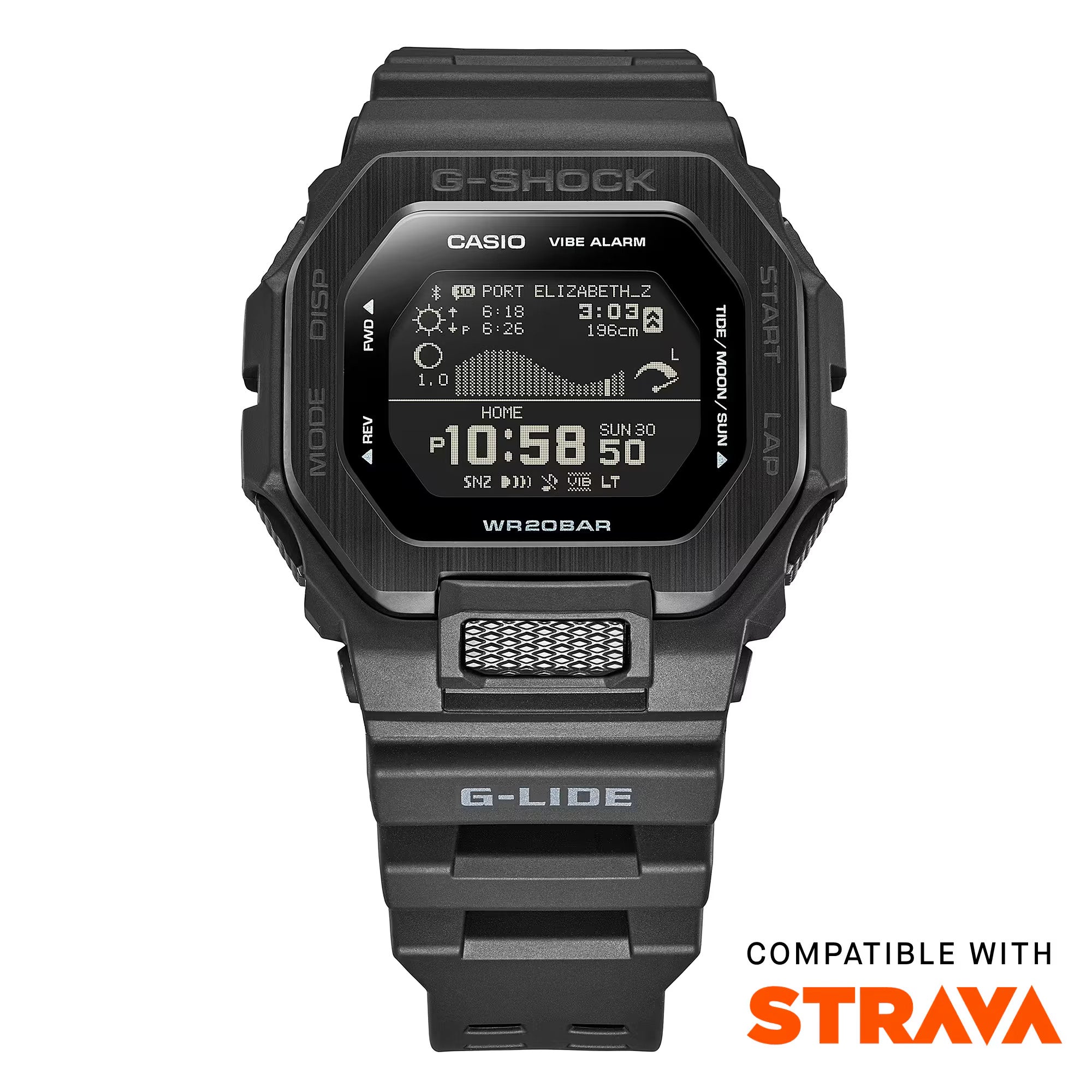 Casio G-LIDE GBX100NS-1D digital surf watch with black resin band, MIP LCD display, Bluetooth connectivity, and tide graph functions.