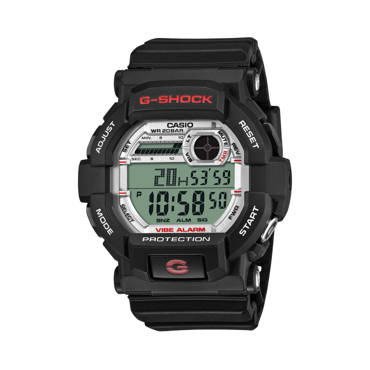 Front-on view of the Casio G-SHOCK GD-350S-1D Digital Men's Watch, in a matte black resin case with white display accents and red detailing. The round case shape and submarine radar-style indicator window are clearly visible from this straight-on angle.