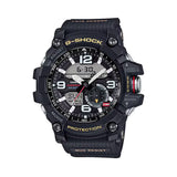 Front-on view of the Casio G-SHOCK Master of G Analogue Digital Men’s Watch GG1000-1A, large case, in black resin. The analogue-digital dial with large Arabic numerals is clearly visible.
