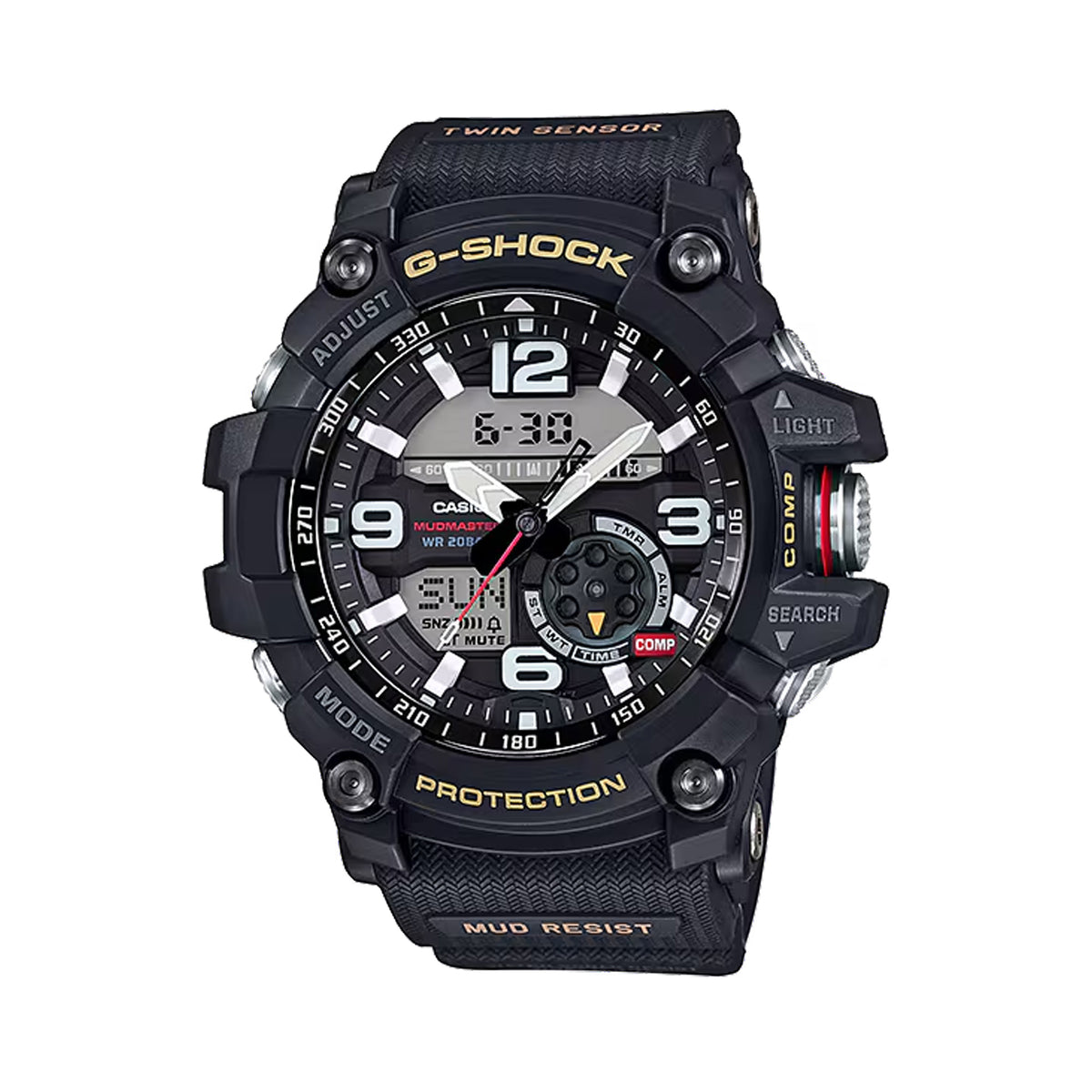 Front-on view of the Casio G-SHOCK Master of G Analogue Digital Men’s Watch GG1000-1A, large case, in black resin. The analogue-digital dial with large Arabic numerals is clearly visible.