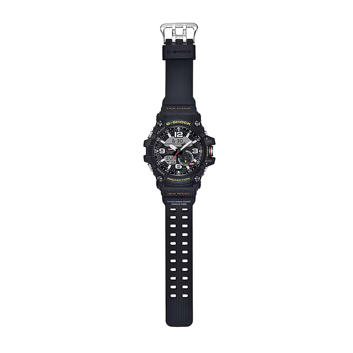 Side profile of the Casio G-SHOCK Master of G Analogue Digital Men’s Watch GG1000-1A, large case, showing the mud-resistant case structure. The guarded buttons and case depth are visible.