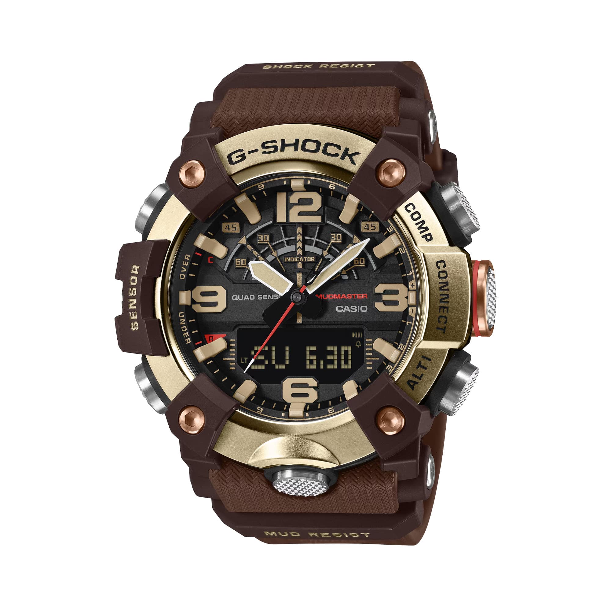Front-on view of the Casio G-SHOCK Mudmaster Analogue Digital Men's Watch GG-B100XMH-5A, 51mm case, in a carbon fibre-reinforced case with a gold ion-plated stainless steel bezel. The black analogue-digital dial with gold-toned markers is clearly visible from this straight-on angle.