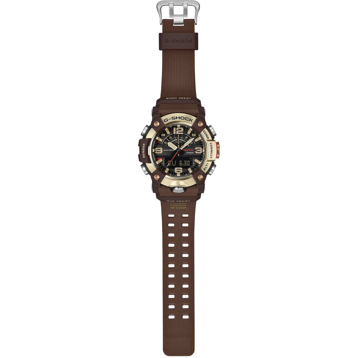 Full band view of the Casio G-SHOCK Mudmaster Analogue Digital Men's Watch GG-B100XMH-5A, 51mm case, showing the dark brown bio-based resin band in its entirety. The band's rugged, textured construction is designed for durability in harsh conditions.