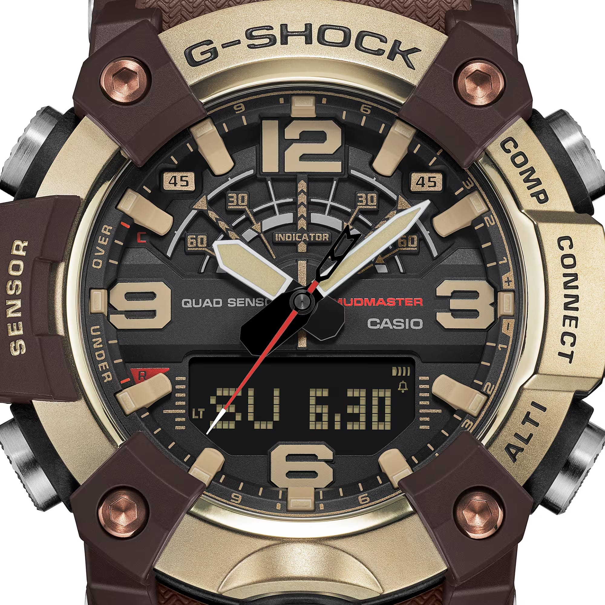 Close-up of the dial on the Casio G-SHOCK Mudmaster Analogue Digital Men's Watch GG-B100XMH-5A, 51mm case, showing the analogue hands, digital display and gold-toned hour markers against the black dial. The brown ion-plated bezel detailing is also visible.