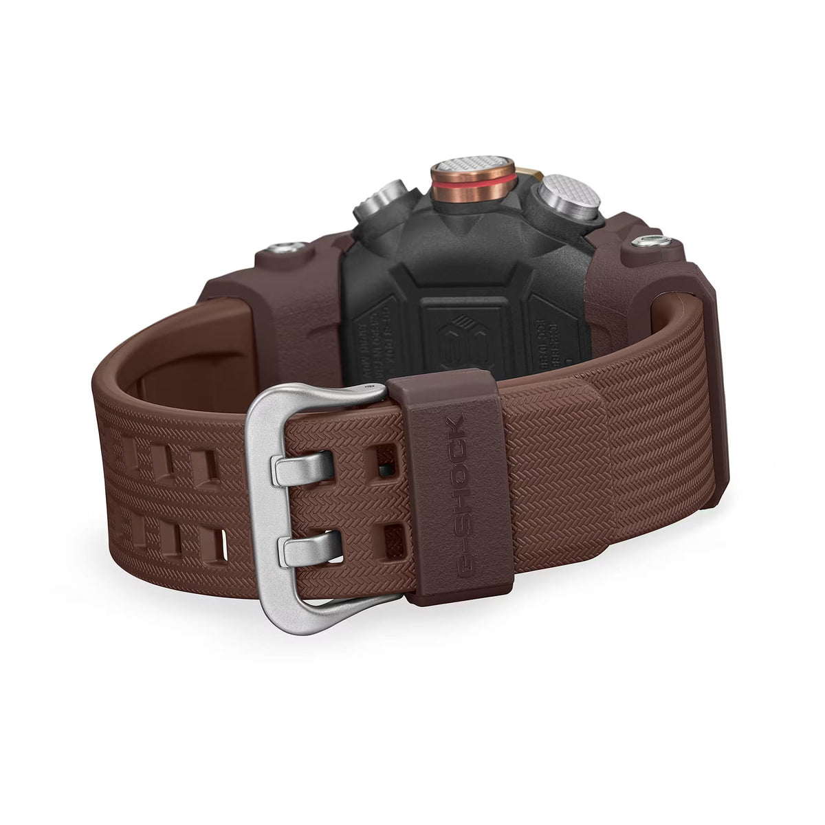 Close-up of the pin buckle on the Casio G-SHOCK Mudmaster Analogue Digital Men's Watch GG-B100XMH-5A, 51mm case, showing the dark brown resin band fastening. The buckle's secure, rugged design suits the watch's outdoor functionality.