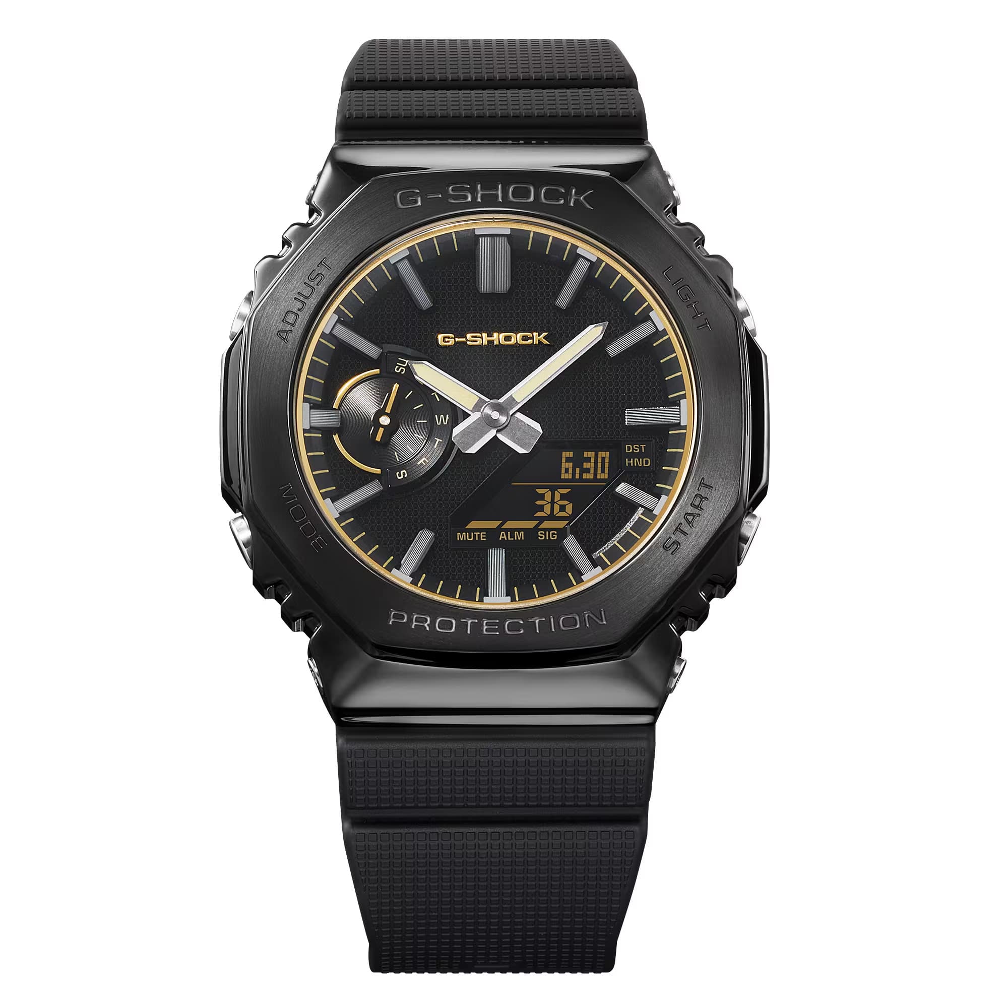 From this angle, the Casio G-Shock Analogue Digital Men's Watch GM2100LXB-1A9 reveals the black ion-plated steel bezel's polished facets and the layered gold detailing across the dial, frame, and logo against the all-black case.