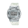 Casio G-SHOCK GM5600SCM-1 digital watch with stainless steel bezel, translucent skeleton resin band, camouflage dial print, and shock-resistant design.