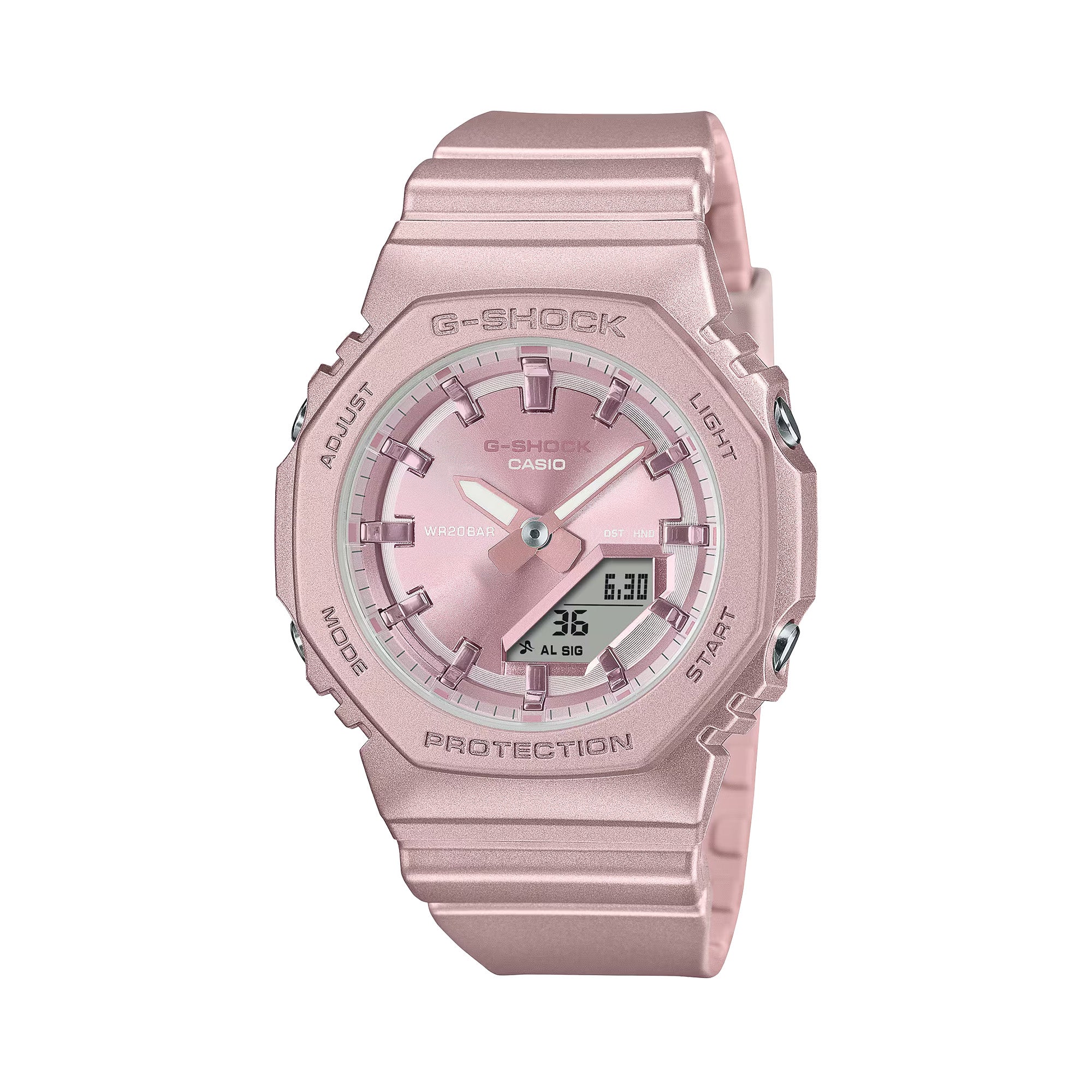 Casio G-Shock GMAP2100ST-4AD front view, featuring the compact 46mm x 40.2mm x 11.2mm octagonal bio-based resin case and band in pearlescent polarised pink with matte finish — shifting softly with the viewing angle — metallic pink vapour deposition dial, minimalist analogue-digital face without inset sub-dial, and hand shift feature.